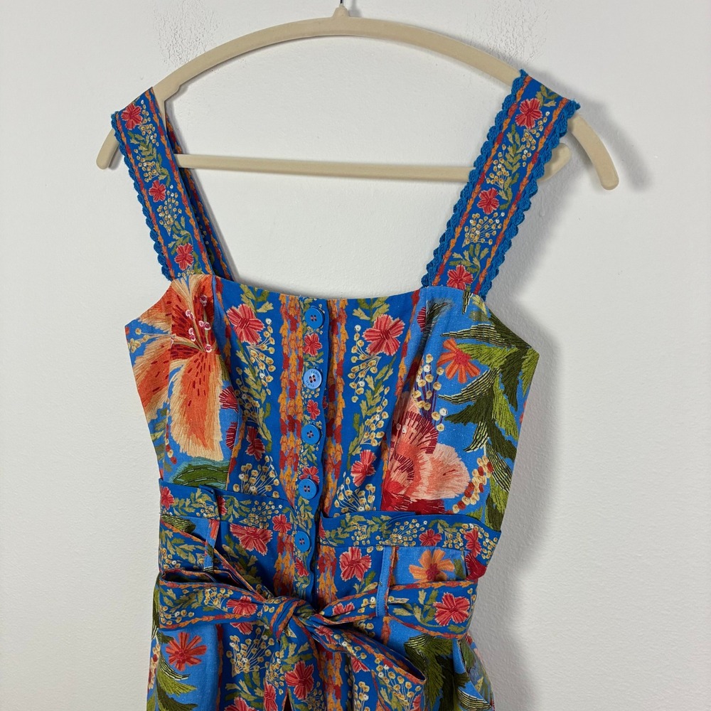 Farm Rio Stitched Garden Blue Linen Romper Women's S Tropical Floral Boho Summer - Picture 2 of 8